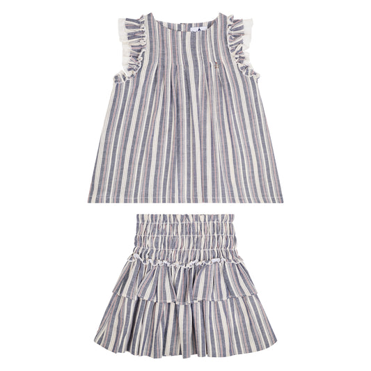 CONJUNTO BLUSA Y FALDA RAYAS AZUL ROJO