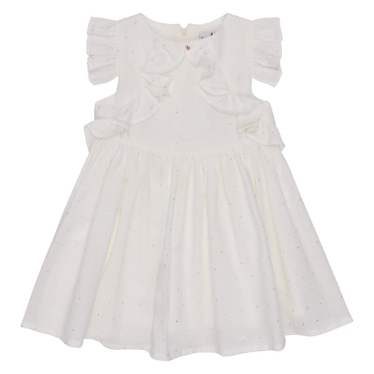 VESTIDO BLANCO PUNTOS DORADOS