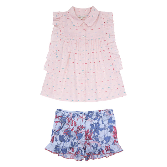 CONJUNTO BLUSA ROSA SHORT FLORES
