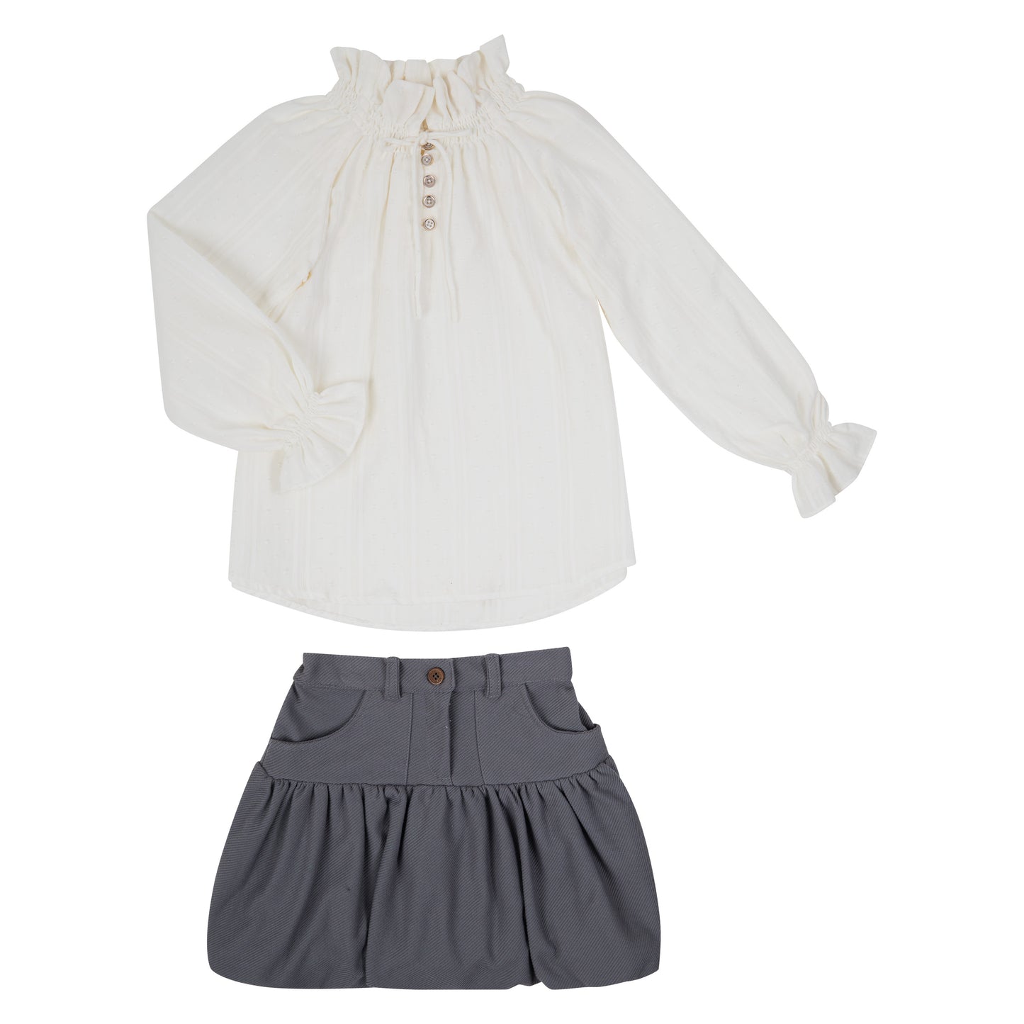 FALDA GRIS Y BLUSA RAYAS OFF WHITE