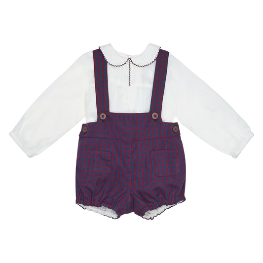 CONJUNTO CAMISA SHORTS CON TIRANTES CUADROS MARSALA Y MARINO
