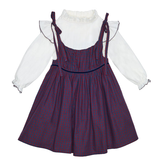 CONJUNTO VESTIDO CUADROS TIRANTES Y BLUSA