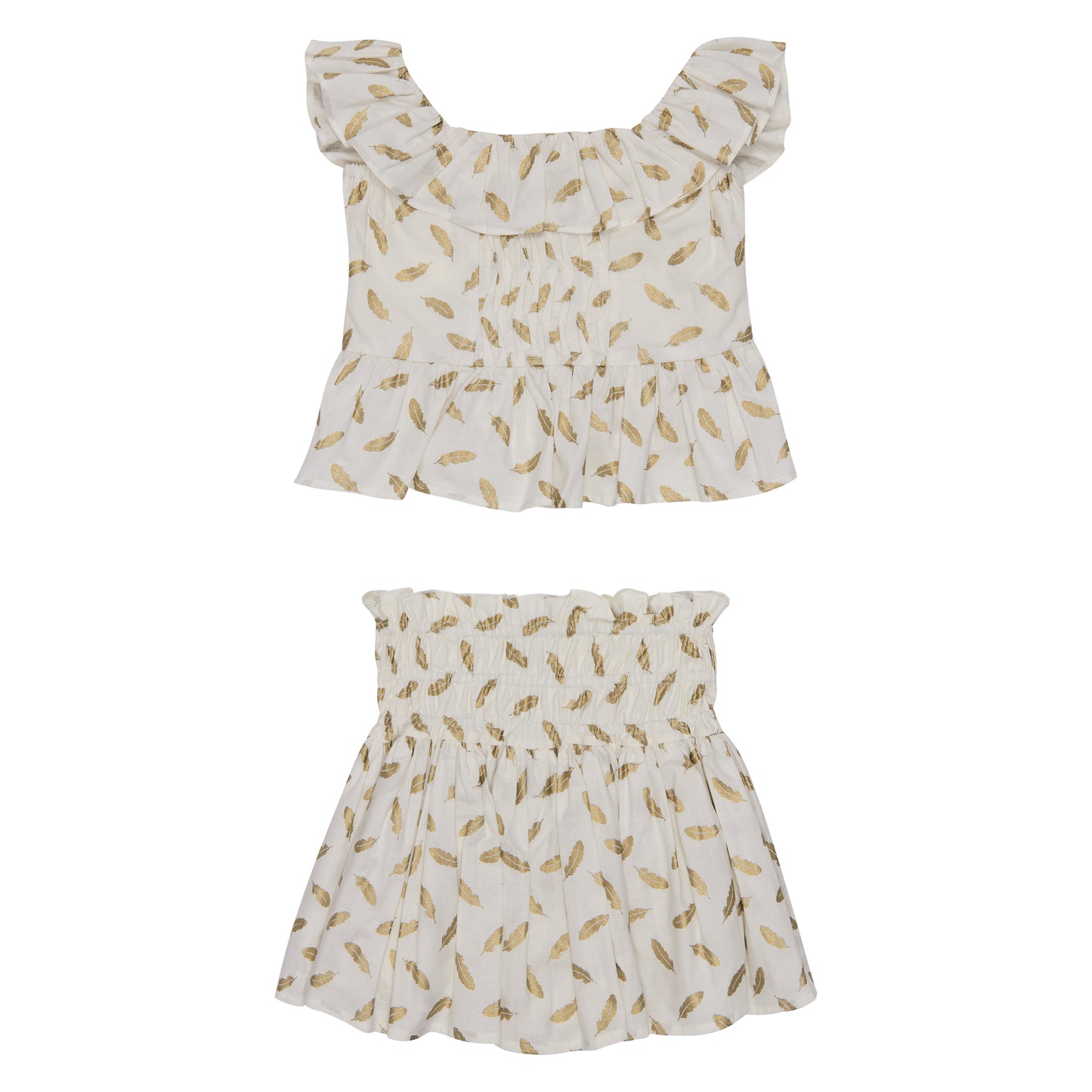 CONJUNTO BLUSA Y FALDA SHORT PLUMAS