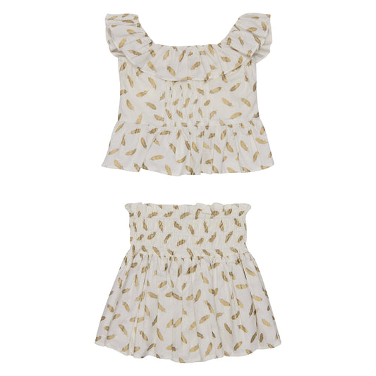 CONJUNTO BLUSA Y FALDA SHORT PLUMAS
