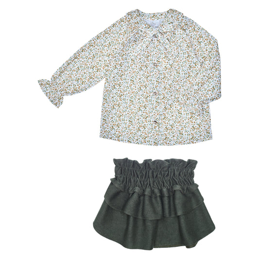 CONJUNTO BLUSA FLORES Y FALDA VERDE OLIVO