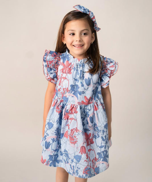 VESTIDO FLORES AZUL CON CORAL