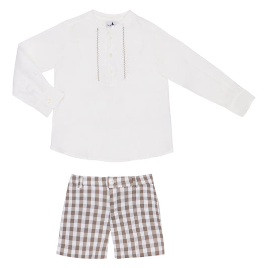 CONJUNTO CAMISA LINO BERMUDA CUADROS CAFÉ