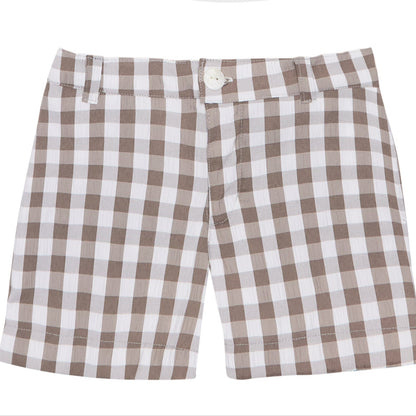 CONJUNTO CAMISA LINO BERMUDA CUADROS CAFÉ