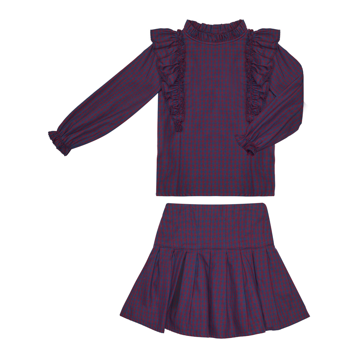 CONJUNTO BLUSA Y FALDA CUADROS MARSALA Y MARINO