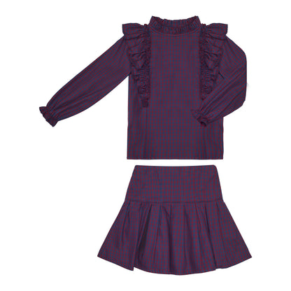CONJUNTO BLUSA Y FALDA CUADROS MARSALA Y MARINO