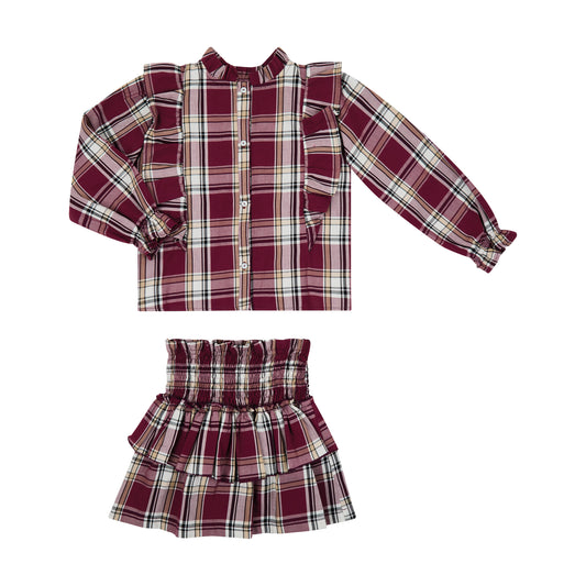 CONJUNTO FALDA Y BLUSA CUADRO ESCOSES VINO