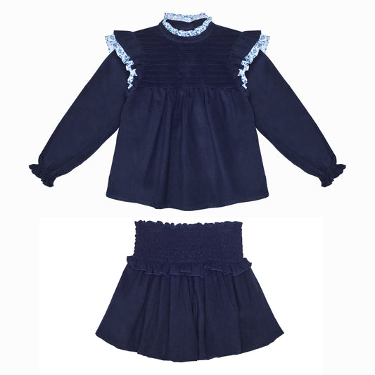 CONJUNTO BLUSA Y FALDA PANA AZUL NAVY