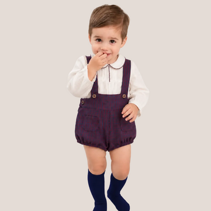 CONJUNTO CAMISA SHORTS CON TIRANTES CUADROS MARSALA Y MARINO