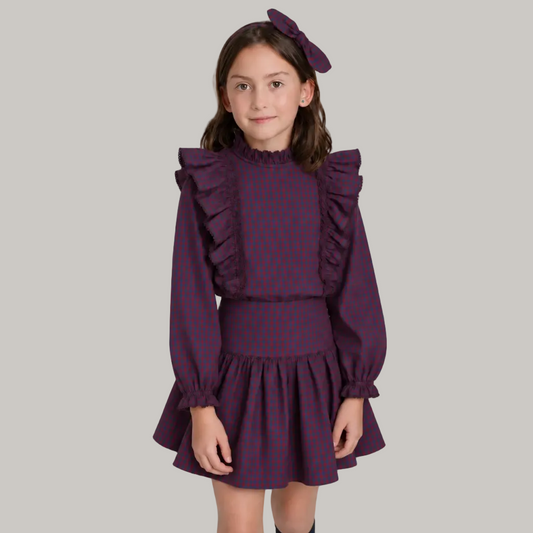 CONJUNTO BLUSA Y FALDA CUADROS MARSALA Y MARINO