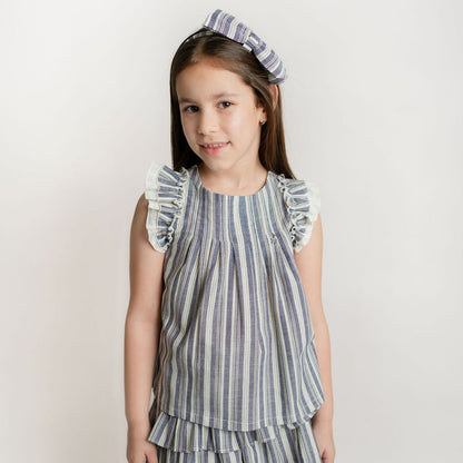 CONJUNTO BLUSA Y FALDA RAYAS AZUL ROJO