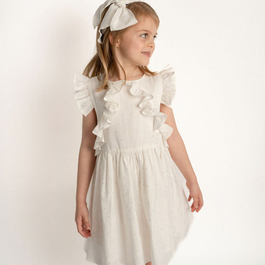 VESTIDO BLANCO PUNTOS DORADOS