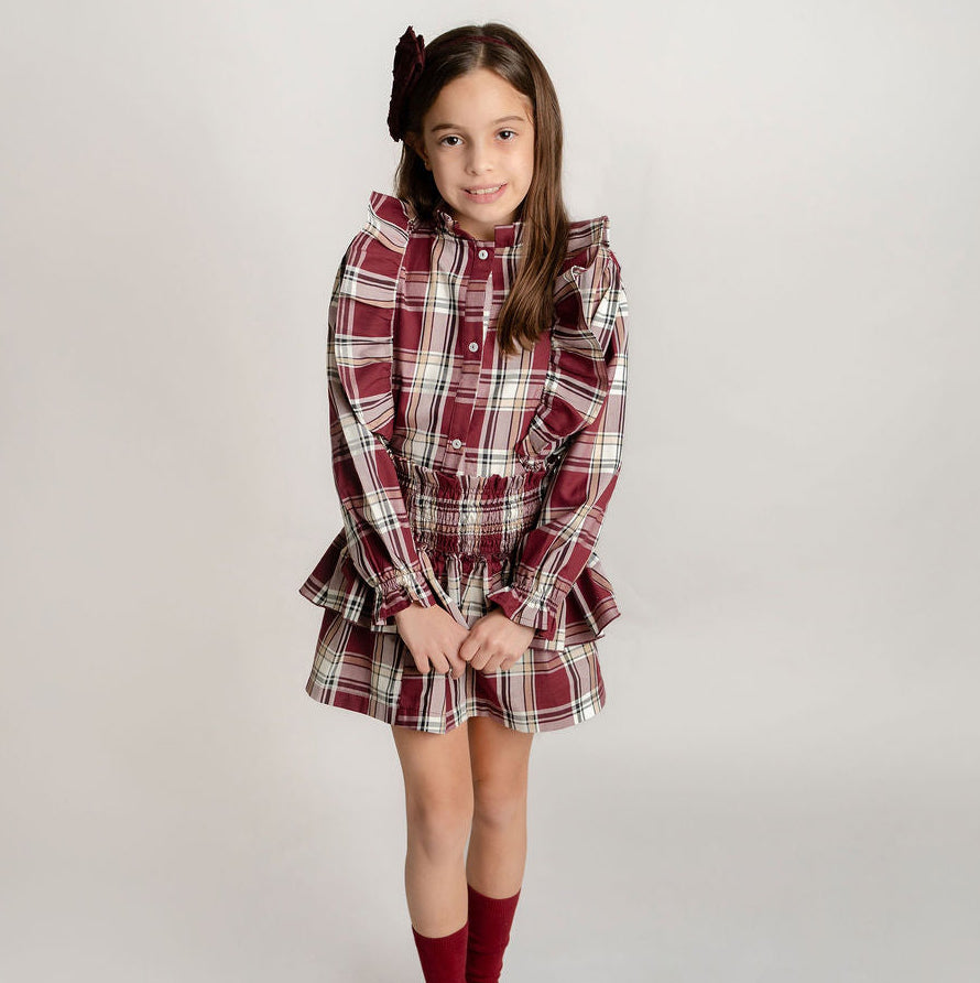 CONJUNTO FALDA Y BLUSA CUADRO ESCOSES VINO