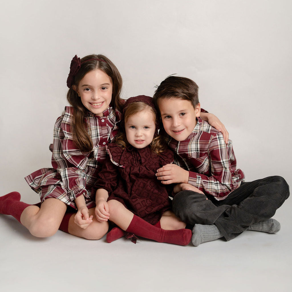 CONJUNTO FALDA Y BLUSA CUADRO ESCOSES VINO