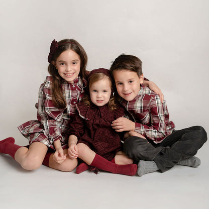 CONJUNTO FALDA Y BLUSA CUADRO ESCOSES VINO