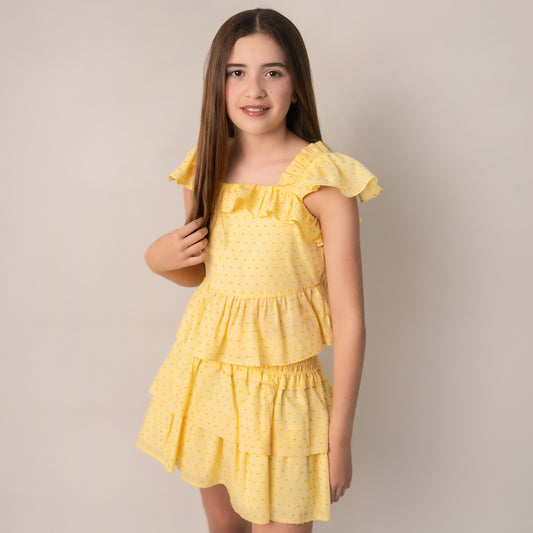 CONJUNTO BLUSA Y FALDA PLUMETTI AMARILLO