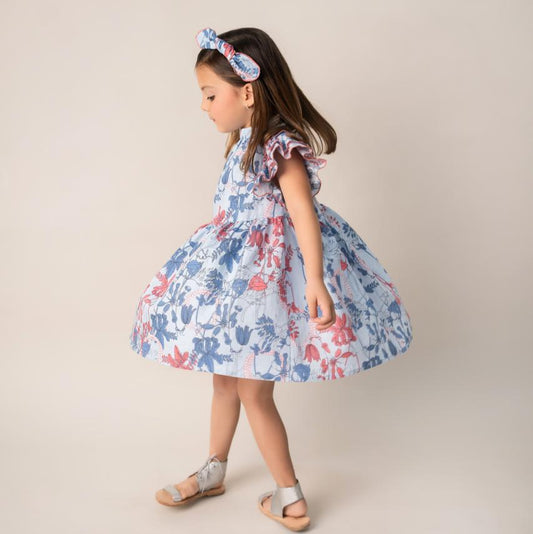 VESTIDO FLORES AZUL CON CORAL