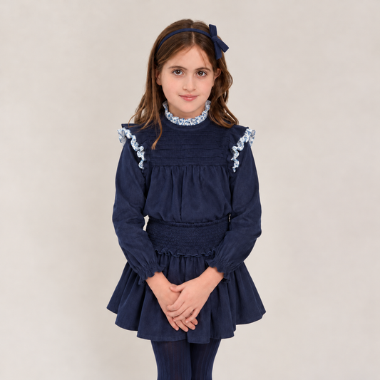 CONJUNTO BLUSA Y FALDA PANA AZUL NAVY